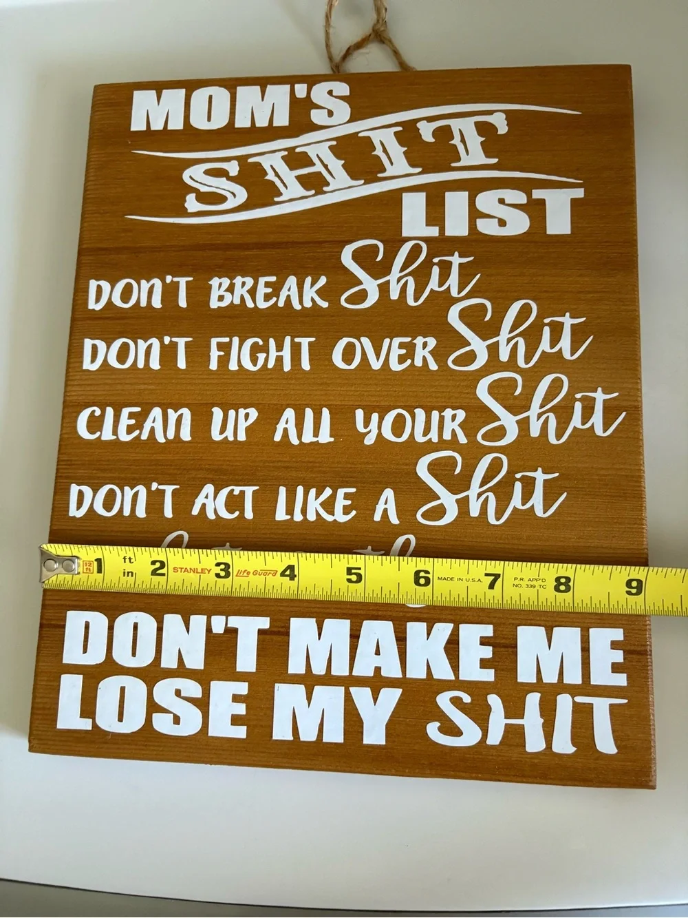 Mom's Shit List Wooden Wall Sign - Brown & White Rustic Typography